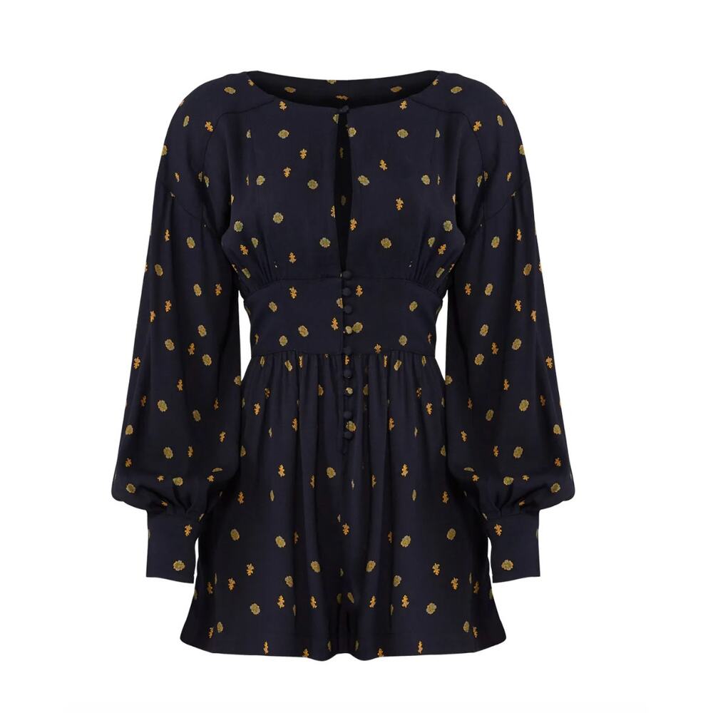 Free People Zou Bisou Romper Navy Boho Romantic Peasant Balloon Sleeve Size XS